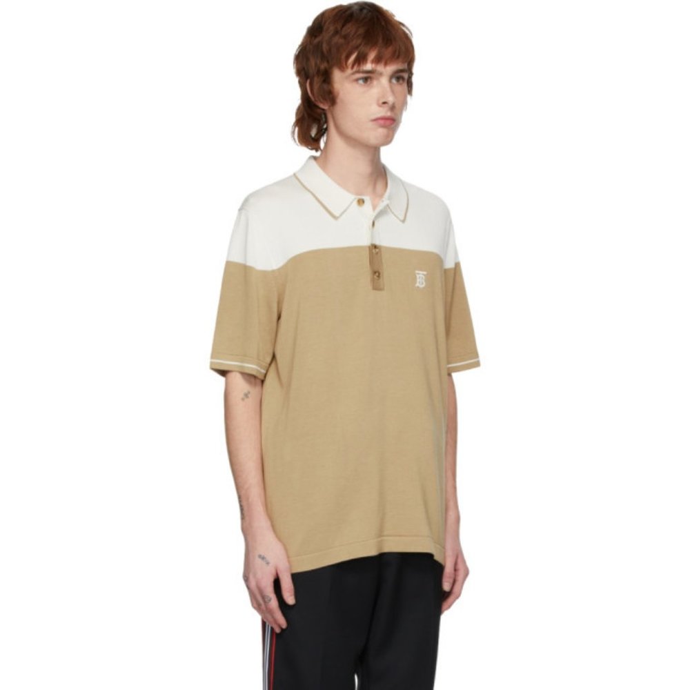 Burberry Monogram Motif Beige and Off-White Silk Cashmere Brayton Polo Men EUC
